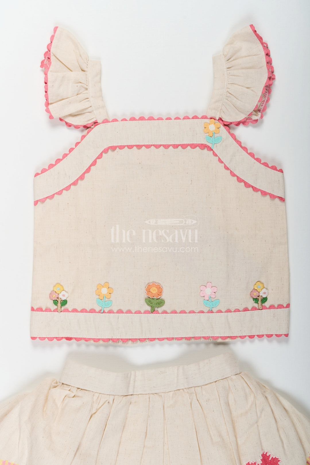 The Nesavu Baby Cotton Frocks Floral Frock Suit for Babies in Soft Cotton with Embroidered Skirt and Cute Ruffle Strap Top Nesavu Baby Girls Floral Frock Suit Cotton Colorful Embroidered Skirt Ruffle Strap Top | The Nesavu