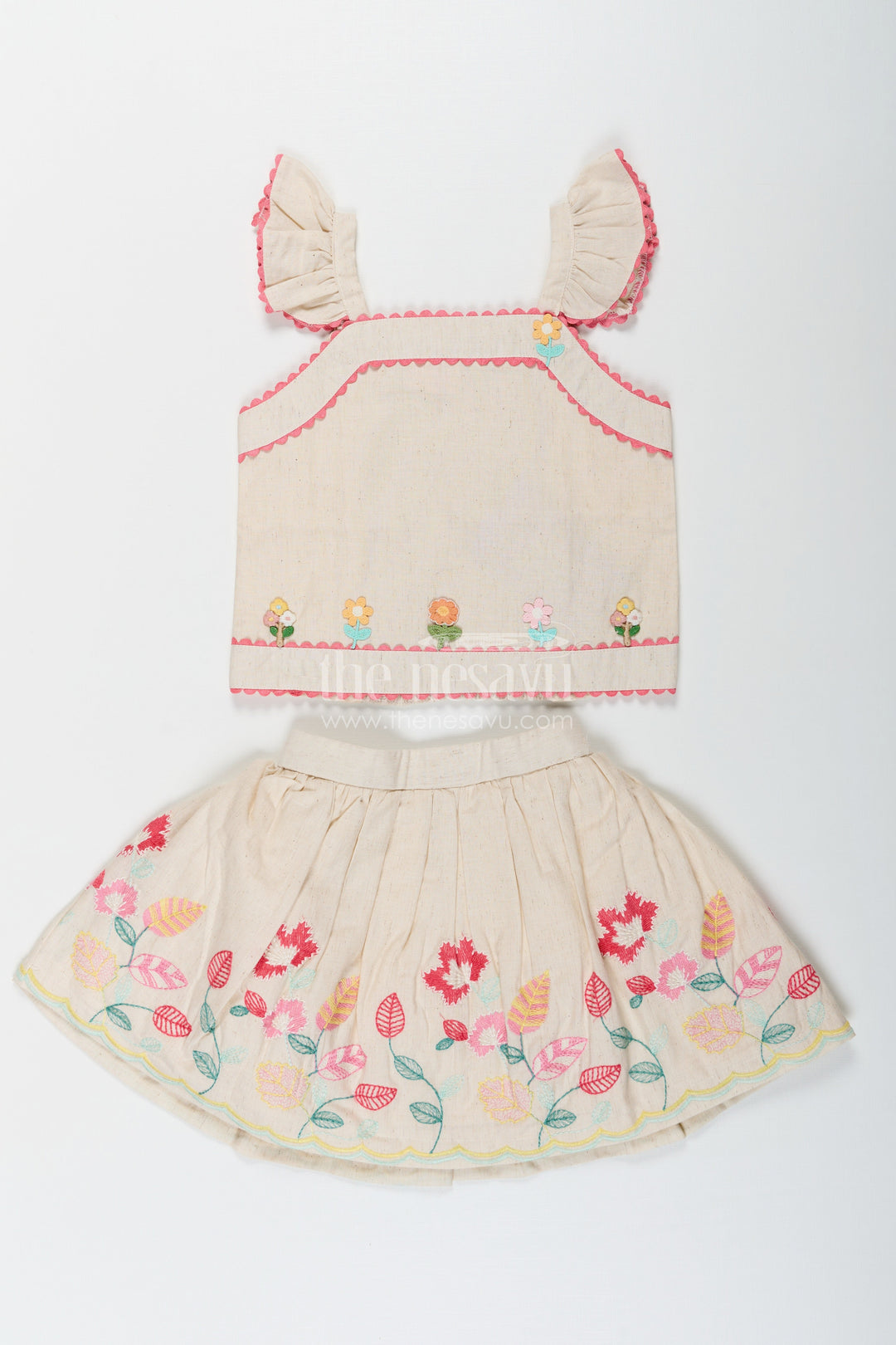 The Nesavu Baby Cotton Frocks Floral Frock Suit for Babies in Soft Cotton with Embroidered Skirt and Cute Ruffle Strap Top Nesavu Baby Girls Floral Frock Suit Cotton Colorful Embroidered Skirt Ruffle Strap Top | The Nesavu