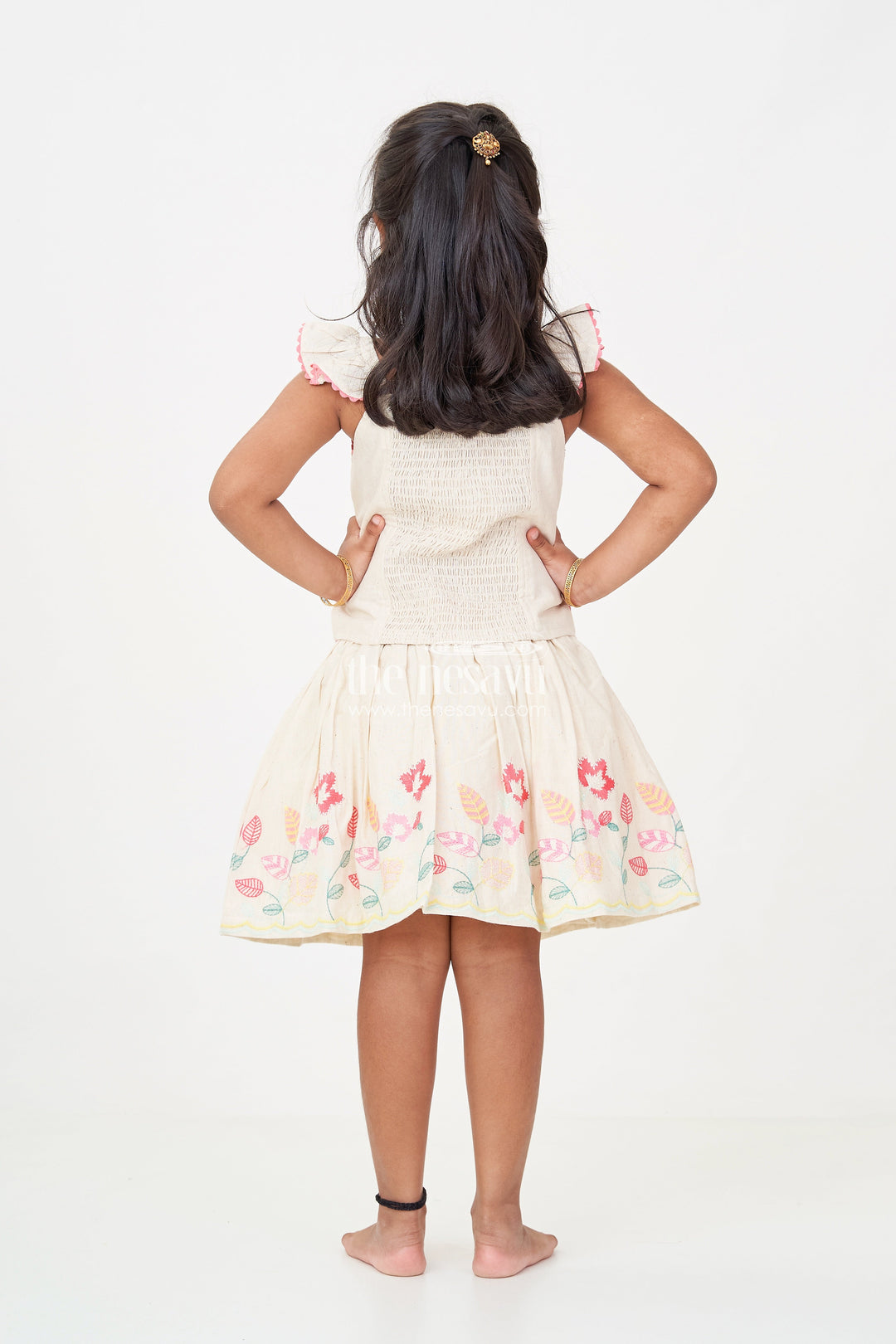 The Nesavu Baby Cotton Frocks Floral Frock Suit for Babies in Soft Cotton with Embroidered Skirt and Cute Ruffle Strap Top Nesavu Baby Girls Floral Frock Suit Cotton Colorful Embroidered Skirt Ruffle Strap Top | The Nesavu