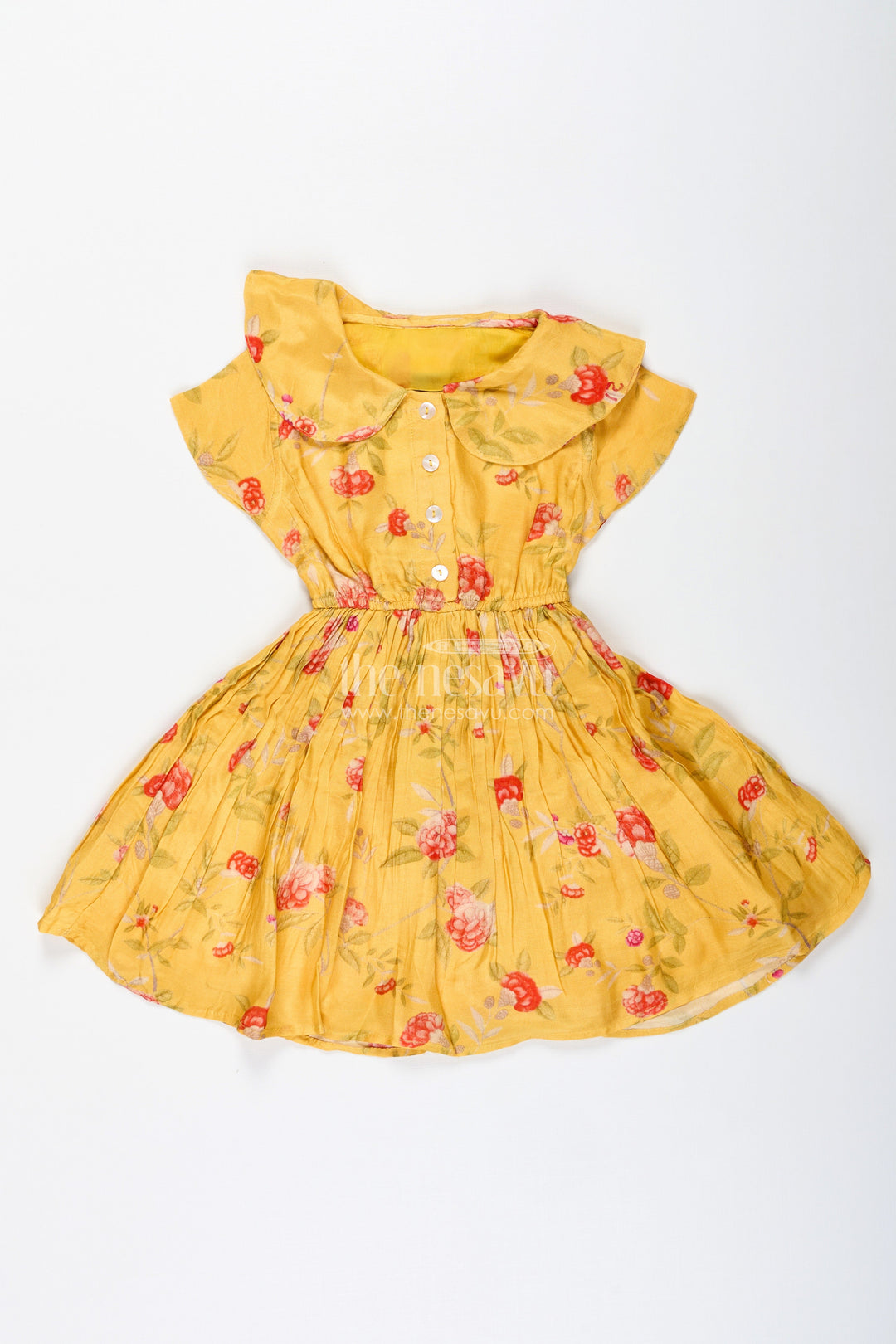The Nesavu Girls Cotton Frock Floral Frock with Peter Pan Collar for Baby Girls Nesavu Nesavu Yellow Cotton Printed Frock Baby Girls Floral Design Peter Pan Collar