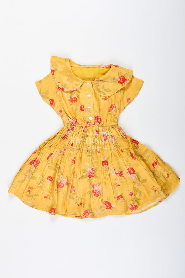 The Nesavu Girls Cotton Frock Floral Frock with Peter Pan Collar for Baby Girls Nesavu Nesavu Yellow Cotton Printed Frock Baby Girls Floral Design Peter Pan Collar