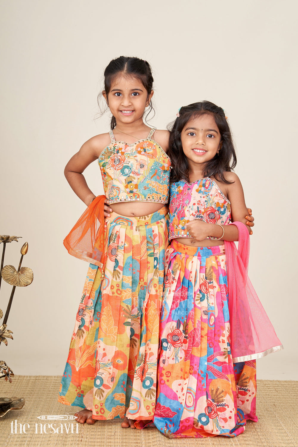 The Nesavu Girls Lehenga Choli Floral Ghagra For Girls Mirror Work Family Function Wear Nesavu Nesavu Kids Floral Ghagra Lehenga Embroidered Top Dupatta Engagement Family Occasions