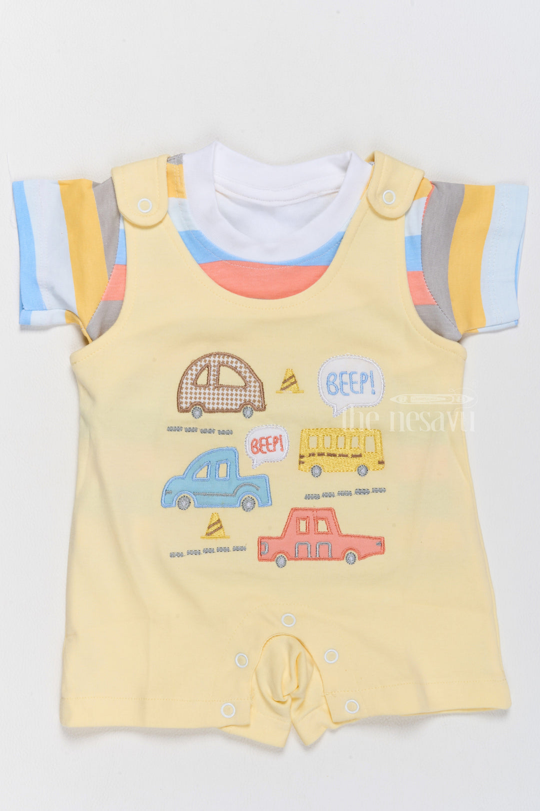 The Nesavu Baby Casual Sets Floral Infant Dress Cotton Yellow Car Print Romper with Striped T-Shirt Nesavu 14 (6M) / Yellow BCS188B-14 Floral Infant Dress Cotton Yellow Car Print Romper Striped T-Shirt | The Nesavu