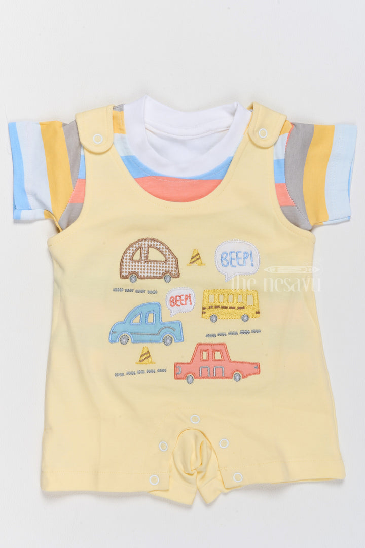 The Nesavu Baby Casual Sets Floral Infant Dress Cotton Yellow Car Print Romper with Striped T-Shirt Nesavu 14 (6M) / Yellow BCS188B-14 Floral Infant Dress Cotton Yellow Car Print Romper Striped T-Shirt | The Nesavu