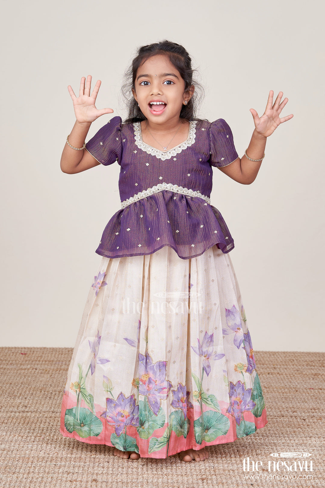 The Nesavu Pattu Pavadai Floral Pattu Pavadai for Toddler Girls for Festive Wear and Cultural Days Nesavu 16 (1Y) / Maroon GPP338A-16 Nesavu floral pattu pavadai toddler girls embroidered yoke lotus print festive skirt