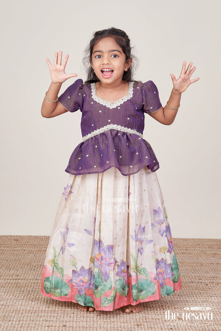 The Nesavu Pattu Pavadai Floral Pattu Pavadai for Toddler Girls for Festive Wear and Cultural Days Nesavu 16 (1Y) / Maroon GPP338A-16 Nesavu floral pattu pavadai toddler girls embroidered yoke lotus print festive skirt