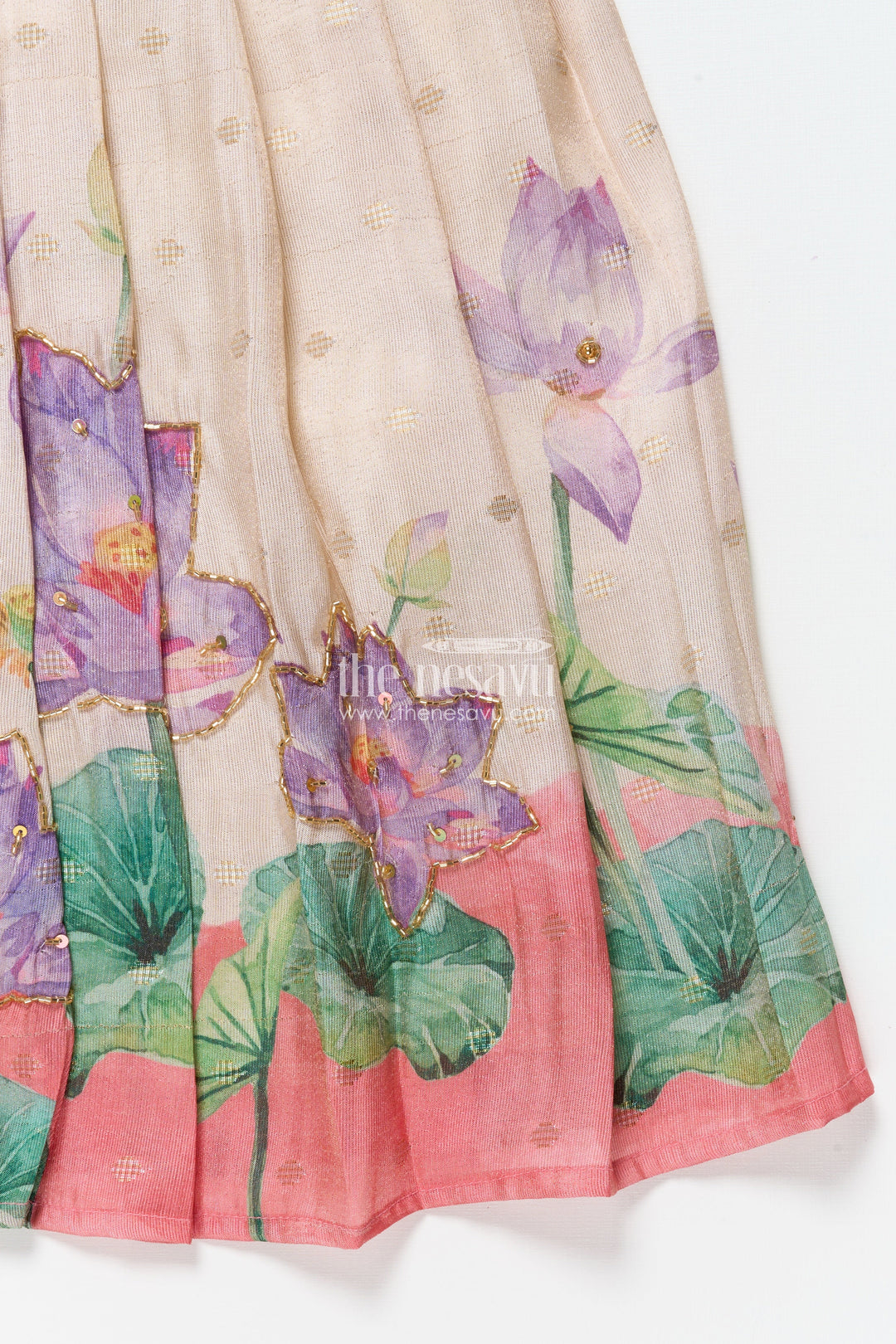 The Nesavu Pattu Pavadai Floral Pattu Pavadai for Toddler Girls for Festive Wear and Cultural Days Nesavu Nesavu floral pattu pavadai toddler girls embroidered yoke lotus print festive skirt