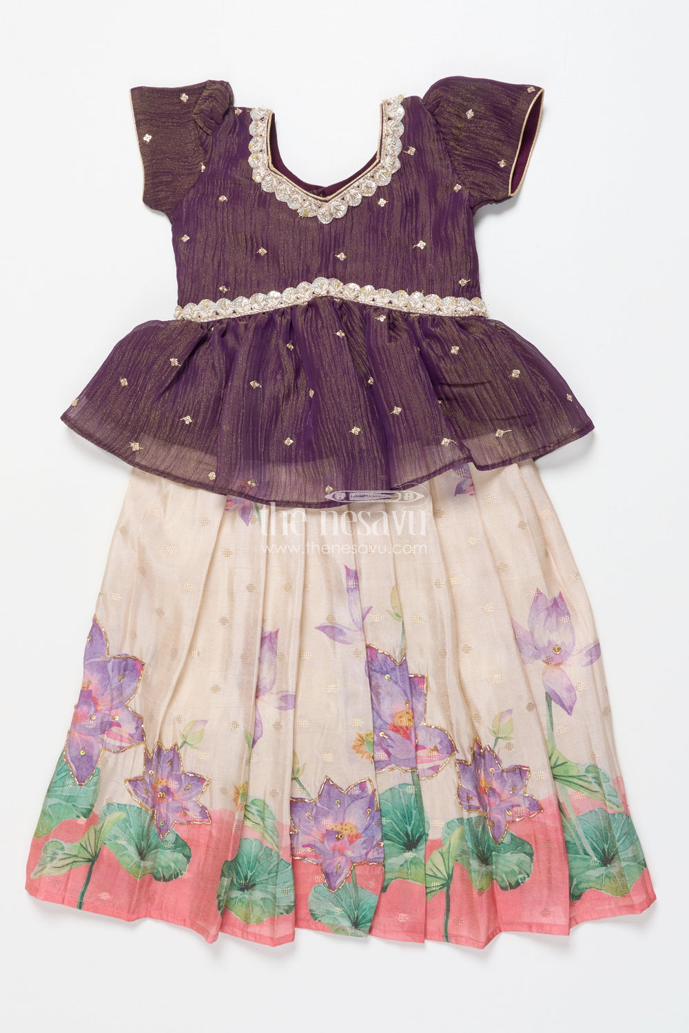 The Nesavu Pattu Pavadai Floral Pattu Pavadai for Toddler Girls for Festive Wear and Cultural Days Nesavu Nesavu floral pattu pavadai toddler girls embroidered yoke lotus print festive skirt