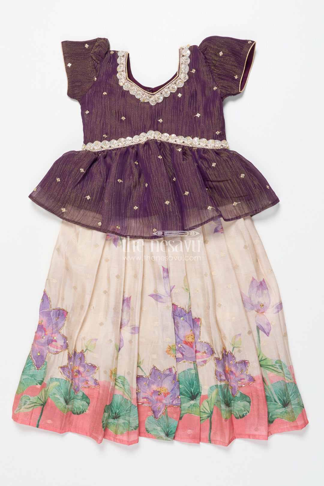 The Nesavu Pattu Pavadai Floral Pattu Pavadai for Toddler Girls for Festive Wear and Cultural Days Nesavu Nesavu floral pattu pavadai toddler girls embroidered yoke lotus print festive skirt