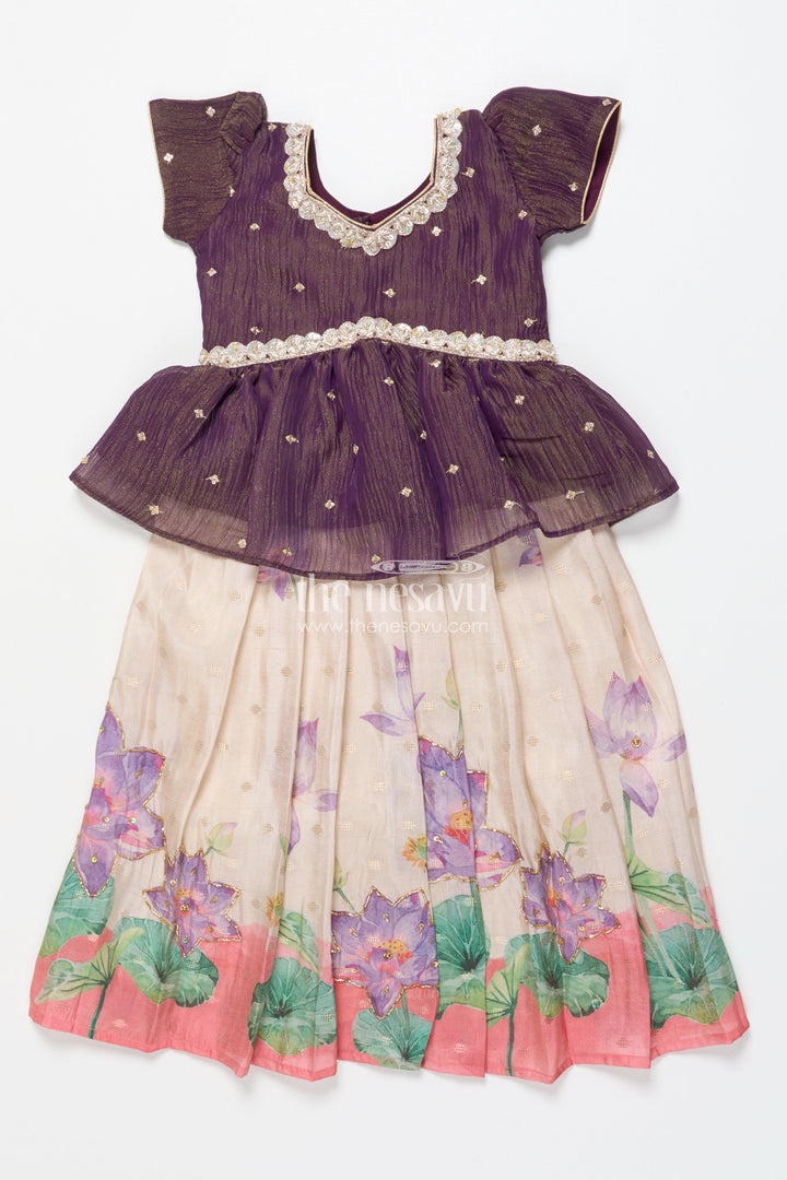 The Nesavu Pattu Pavadai Floral Pattu Pavadai for Toddler Girls for Festive Wear and Cultural Days Nesavu Nesavu floral pattu pavadai toddler girls embroidered yoke lotus print festive skirt