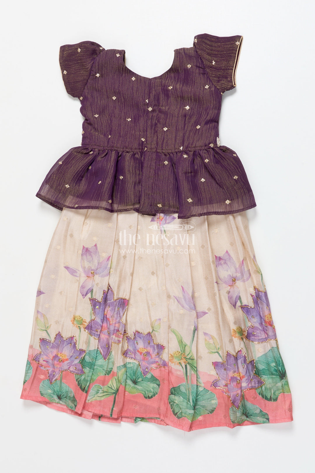 The Nesavu Pattu Pavadai Floral Pattu Pavadai for Toddler Girls for Festive Wear and Cultural Days Nesavu Nesavu floral pattu pavadai toddler girls embroidered yoke lotus print festive skirt