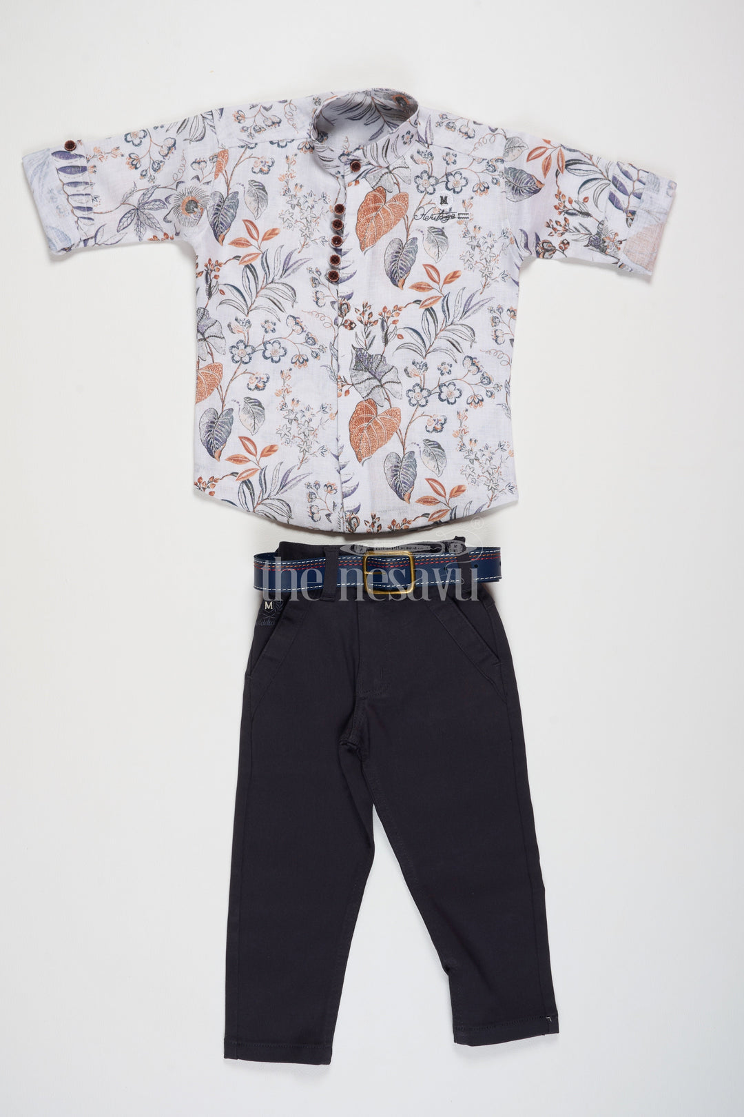 The Nesavu Boys Casual Set Floral Print Boys Casual Shirt with Black Pants, Flax Cotton Blend Outfit for Special Occasions Nesavu Nesavu Boys Floral Print Shirt Black Pants Flax Cotton Blend Casual Set Festive Occasions