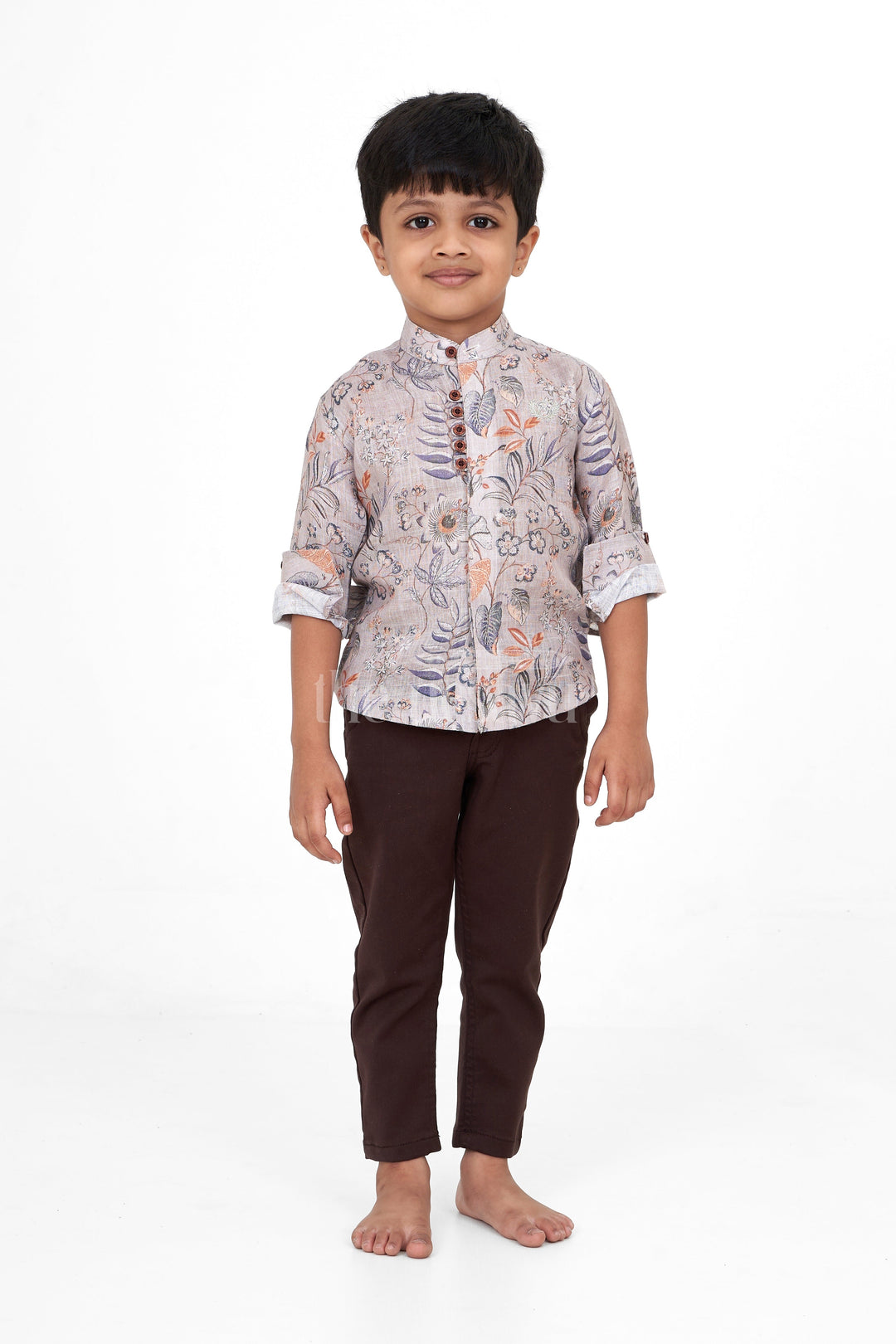 The Nesavu Boys Casual Set Floral Print Boys Casual Shirt with Black Pants, Flax Cotton Blend Outfit for Special Occasions Nesavu Nesavu Boys Floral Print Shirt Black Pants Flax Cotton Blend Casual Set Festive Occasions