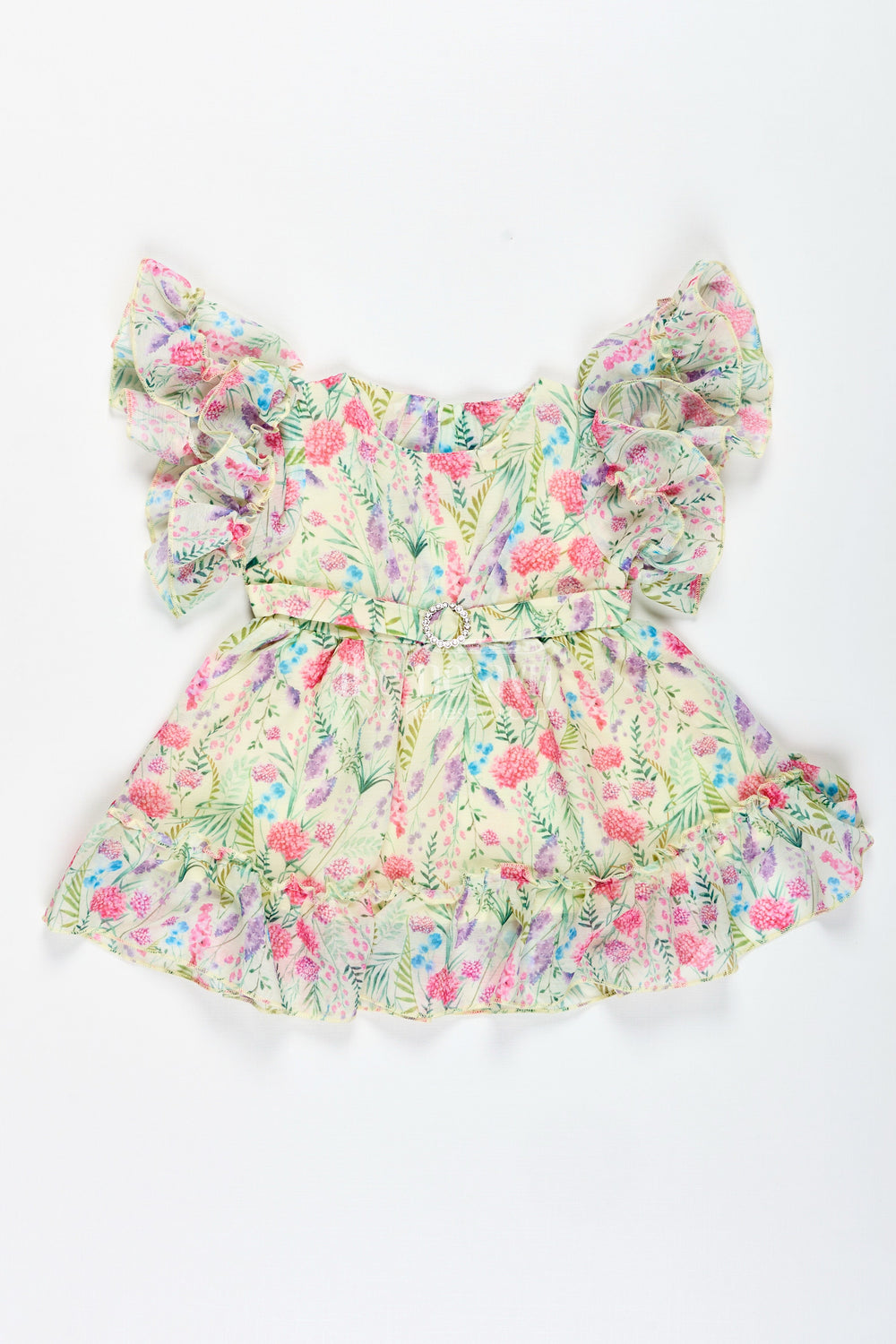 The Nesavu Baby Cotton Frocks Floral Print Georgette Frock for Toddler Girls Nesavu 14 (6M) / Yellow BFJ835A-14 Nesavu Toddler Girls Georgette Floral Print Frock Summer Ruffles Lightweight Comfort