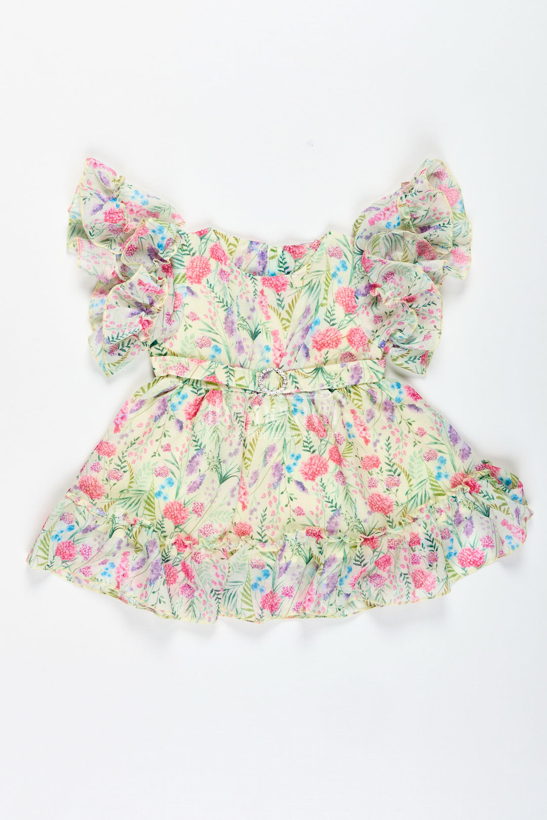 The Nesavu Baby Cotton Frocks Floral Print Georgette Frock for Toddler Girls Nesavu 14 (6M) / Yellow BFJ835A-14 Nesavu Toddler Girls Georgette Floral Print Frock Summer Ruffles Lightweight Comfort