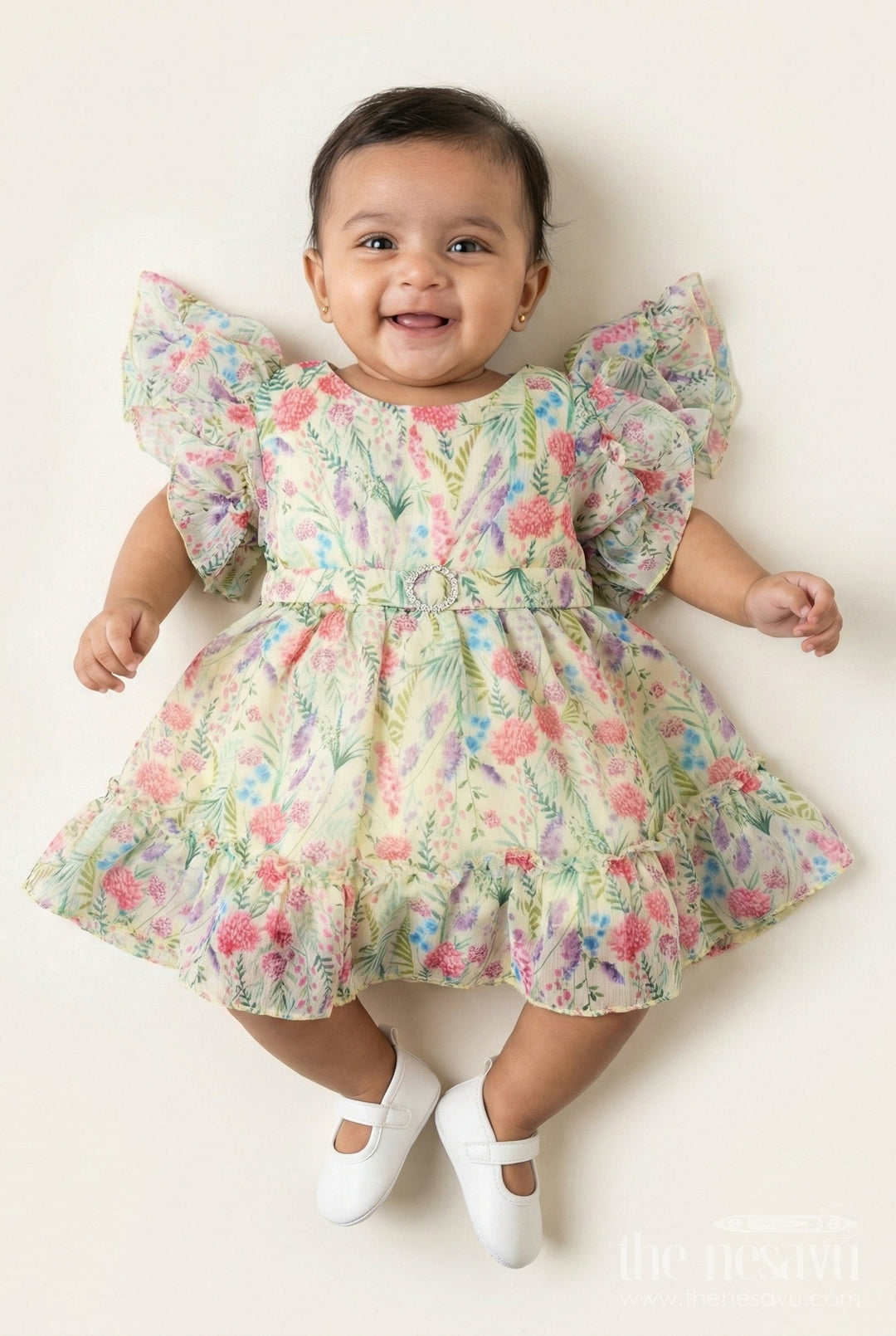 The Nesavu Baby Cotton Frocks Floral Print Georgette Frock for Toddler Girls Nesavu 14 (6M) / Yellow BFJ835A-14 Nesavu Toddler Girls Georgette Floral Print Frock Summer Ruffles Lightweight Comfort