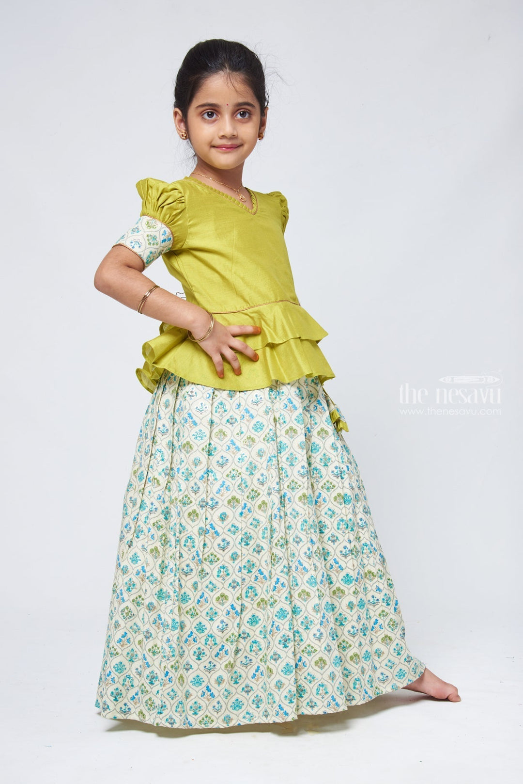 The Nesavu Pattu Pavadai Floral Printed Beige Skirt with Green Jacquard Peplum Blouse Nesavu 16 (1Y) / Green GPP290B-16 New Kanchipuram Pattu Pavadai | Silk Dress for Girls | The Nesavu