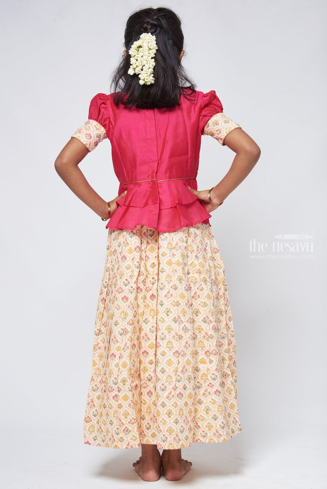 Floral Printed Beige Skirt with Pink Jacquard Peplum Blouse