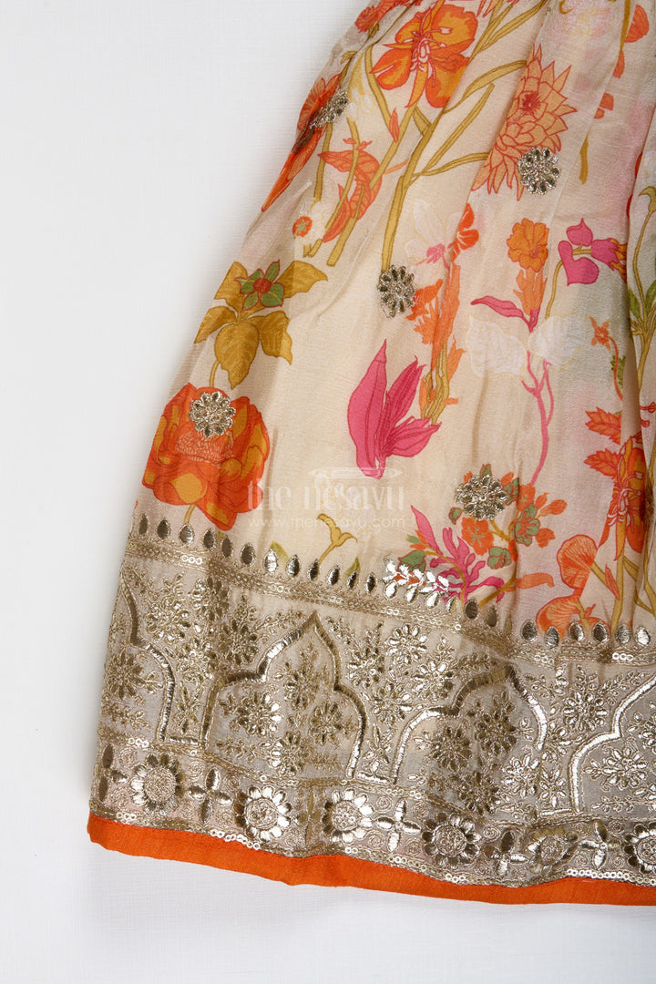 The Nesavu Girls Lehenga Choli Floral Printed Girls Lehenga Choli for Daytime Weddings and Poojas Nesavu Nesavu Floral Printed Lehenga Choli Girls Ivory Silk Outfit Poojas Summer Weddings