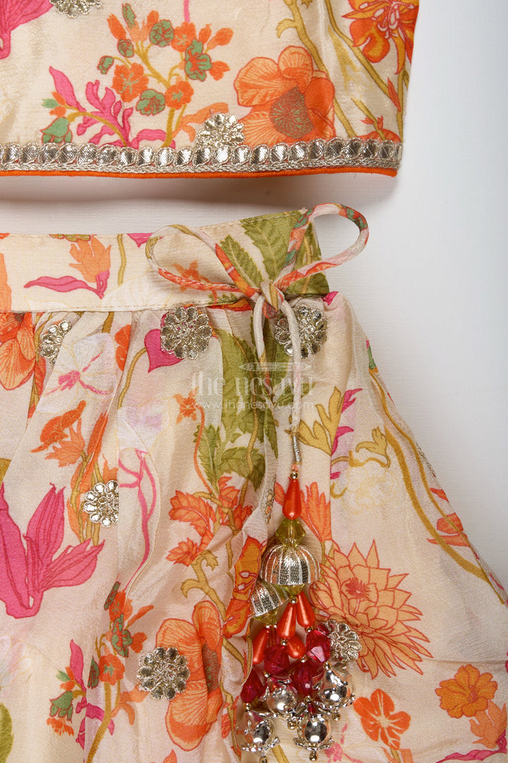 The Nesavu Girls Lehenga Choli Floral Printed Girls Lehenga Choli for Daytime Weddings and Poojas Nesavu Nesavu Floral Printed Lehenga Choli Girls Ivory Silk Outfit Poojas Summer Weddings
