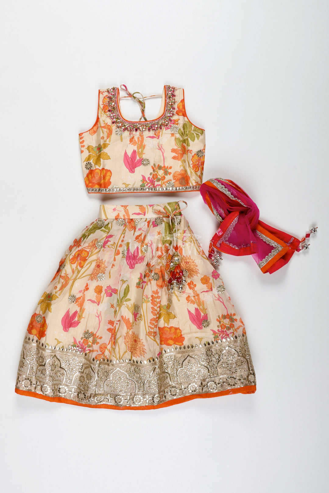 The Nesavu Girls Lehenga Choli Floral Printed Girls Lehenga Choli for Daytime Weddings and Poojas Nesavu Nesavu Floral Printed Lehenga Choli Girls Ivory Silk Outfit Poojas Summer Weddings