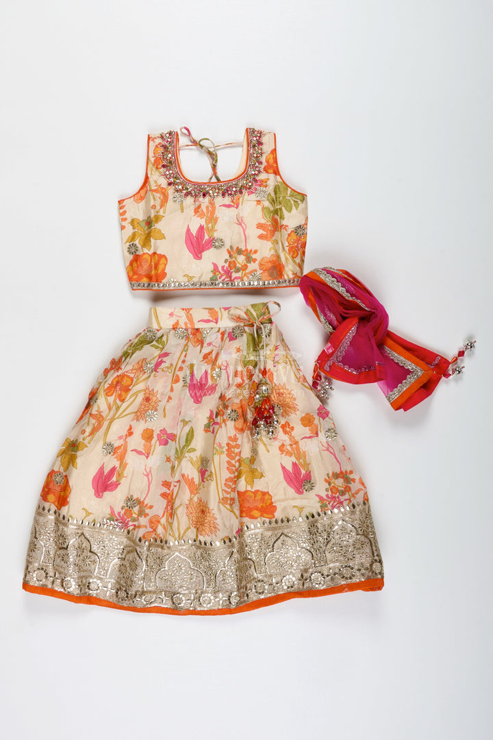 The Nesavu Girls Lehenga Choli Floral Printed Girls Lehenga Choli for Daytime Weddings and Poojas Nesavu Nesavu Floral Printed Lehenga Choli Girls Ivory Silk Outfit Poojas Summer Weddings