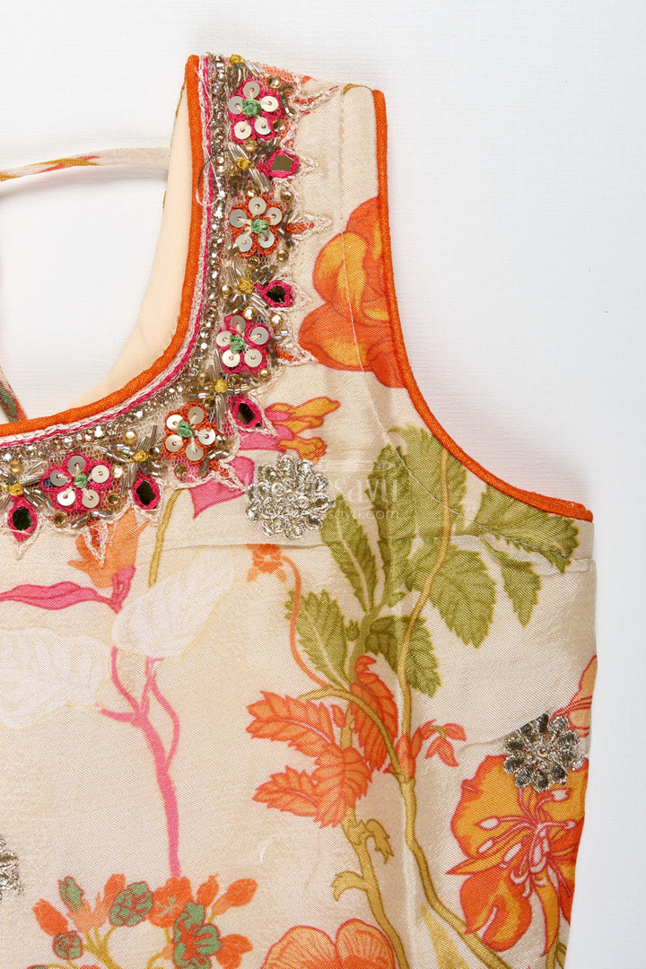 The Nesavu Girls Lehenga Choli Floral Printed Girls Lehenga Choli for Daytime Weddings and Poojas Nesavu Nesavu Floral Printed Lehenga Choli Girls Ivory Silk Outfit Poojas Summer Weddings