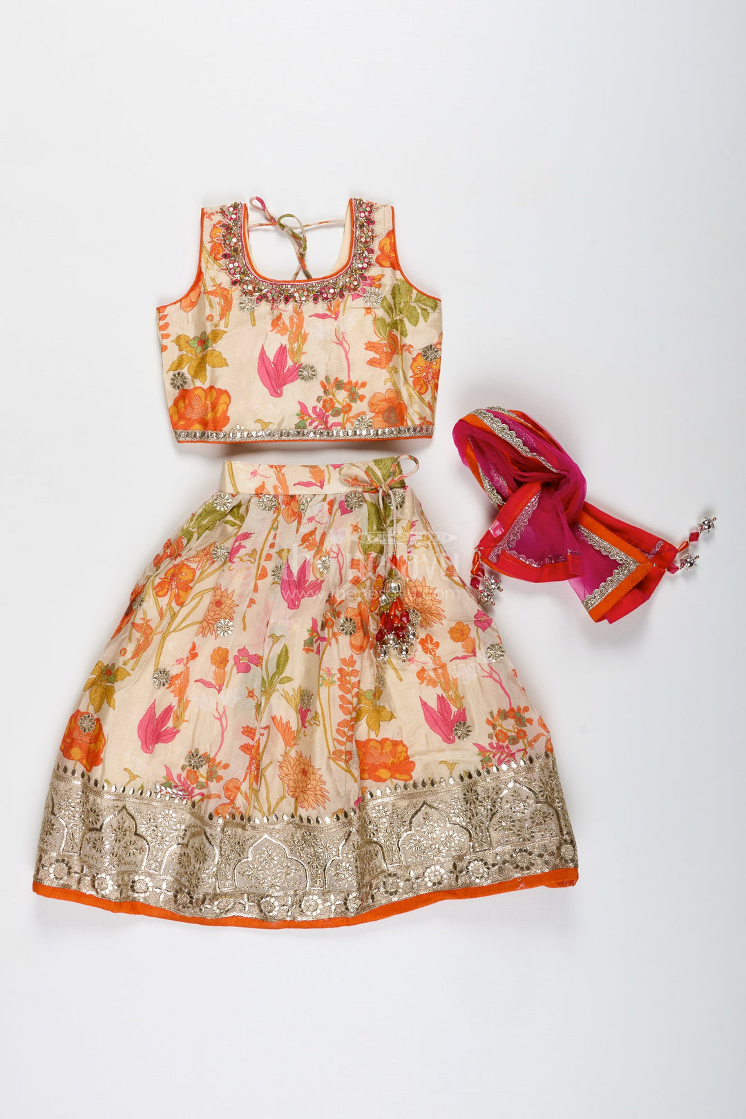 The Nesavu Girls Lehenga Choli Floral Printed Girls Lehenga Choli for Daytime Weddings and Poojas Nesavu Nesavu Floral Printed Lehenga Choli Girls Ivory Silk Outfit Poojas Summer Weddings