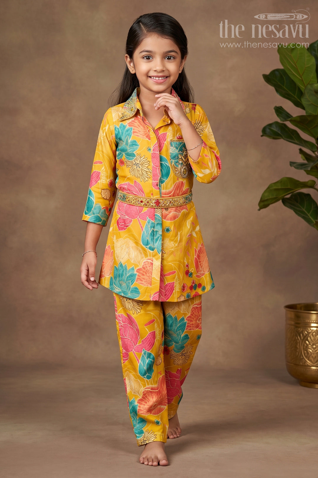 The Nesavu Girls Co-Ord Sets Floral Printed Girls Sharara Set in Viscose Modal Silk Nesavu 24 (5Y) / Yellow GPS818A-24 Nesavu girls yellow sharara set with floral digital print in modal silk