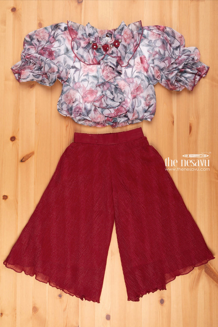 The Nesavu Girls Sharara / Plazo set Floral Printed Grey Crop Top & Red Palazzo: Timeless Beauty for Girls Nesavu 18 (2Y) / Gray / Velvet GPS179A-18 Printed Crop Top With Palazzo Pant for Girls | Diwali and Festive Collections | the Nesavu