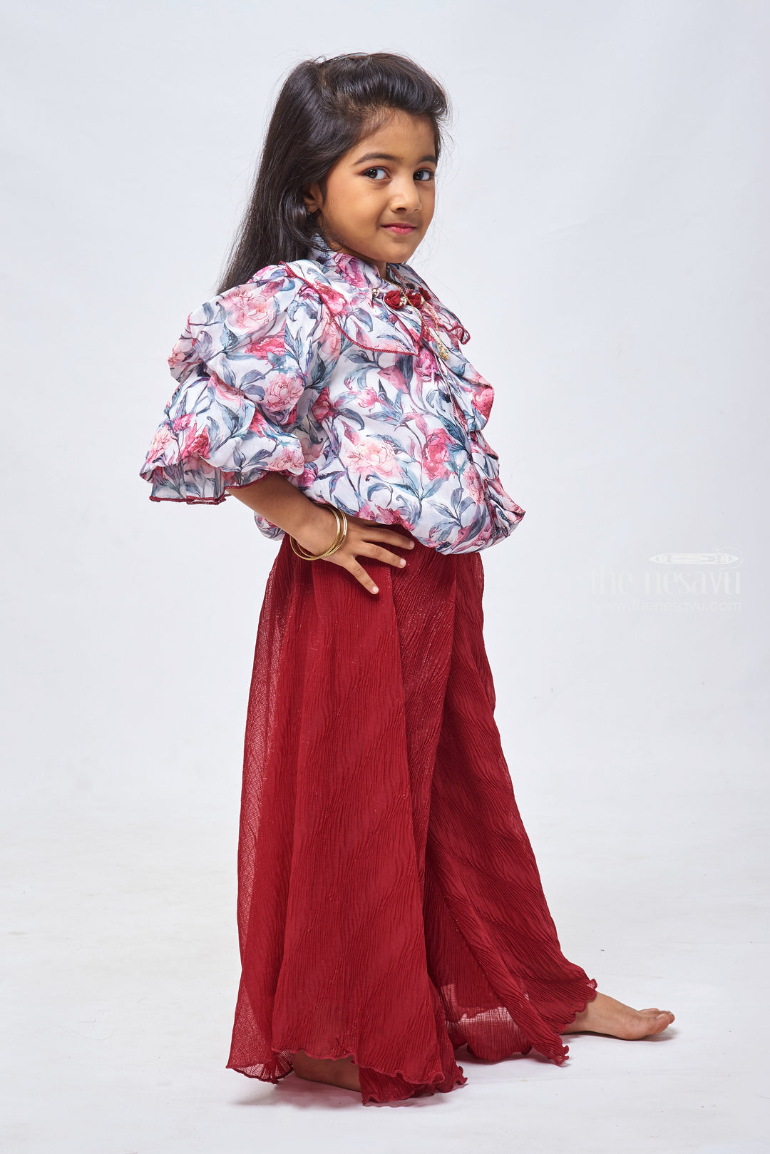 The Nesavu Girls Sharara / Plazo Set Floral Printed Grey Crop Top & Red Palazzo: Timeless Beauty for Girls Nesavu Printed Crop Top With Palazzo Pant for Girls | Diwali and Festive Collections | the Nesavu