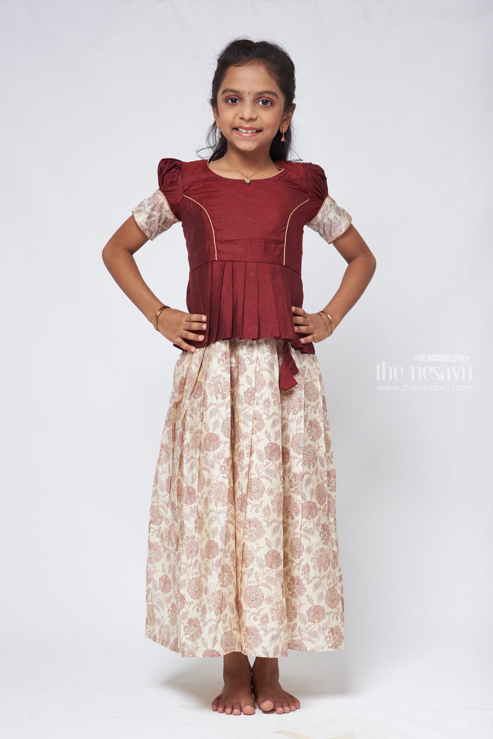 Floral Printed Pleated Beige Skirt with Box Pleated Brown Jacquard Silk Blouse for Girls