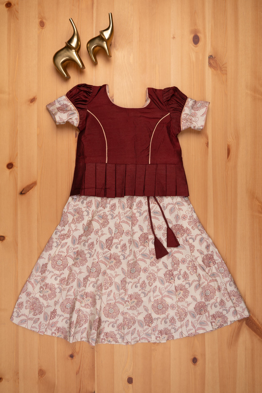 Floral Printed Pleated Beige Skirt with Box Pleated Brown Jacquard Silk Blouse for Girls