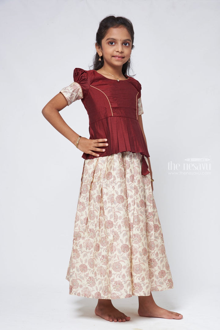 Floral Printed Pleated Beige Skirt with Box Pleated Brown Jacquard Silk Blouse for Girls