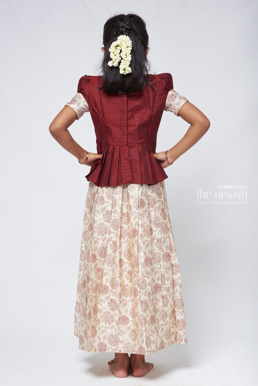 Floral Printed Pleated Beige Skirt with Box Pleated Brown Jacquard Silk Blouse for Girls