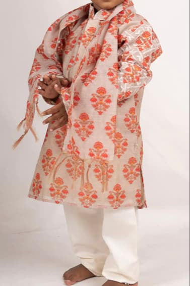 The Nesavu Boys Kurtha Set Floral Printed Semi Silk Cotton Kurta for Baby Boys Nesavu 12 (3M) / Orange / Chanderi BES143-12 Buy Latest Ethnic Kurta For Boys | The Nesavu