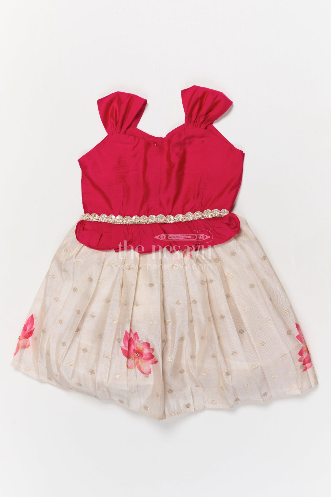The Nesavu Silk Embroidered Frock Floral Silk Frock for Toddlers for Birthdays and Traditional Occasions Nesavu 18 (2Y) / Deeppink / Silk Blend SF1112A-18 Nesavu floral silk frock for toddlers with lotus print and chanderi yoke – great for birthday functions