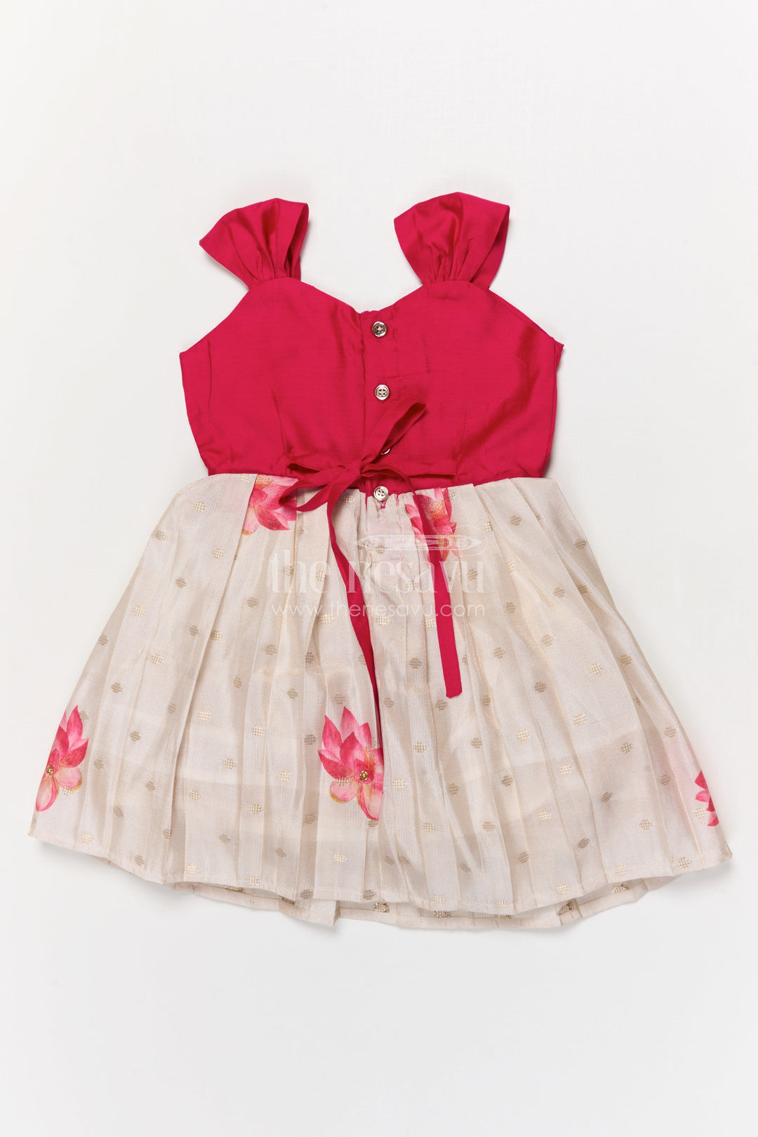 The Nesavu Silk Embroidered Frock Floral Silk Frock for Toddlers for Birthdays and Traditional Occasions Nesavu Nesavu floral silk frock for toddlers with lotus print and chanderi yoke – great for birthday functions