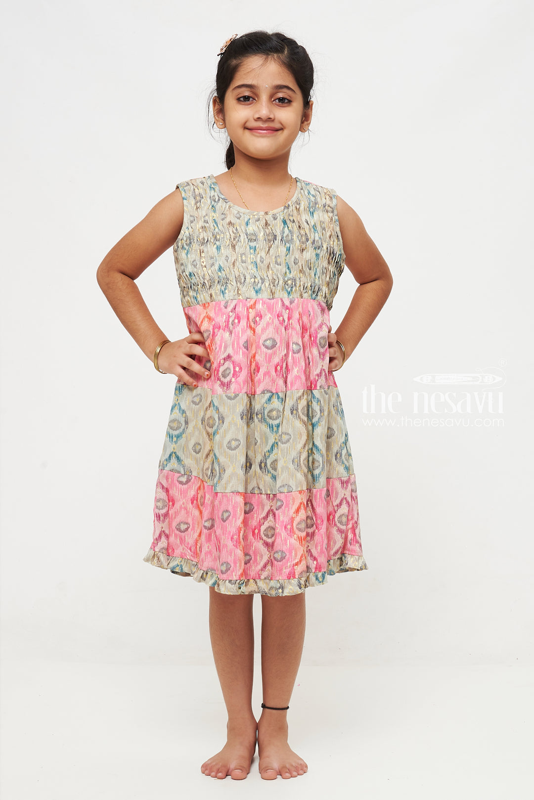 The Nesavu Girls Cotton Frock Floral Tiered Cotton Frock for Trendy Girls Nesavu Sleeveless Floral Girls Cotton Frock | Summer Party and Play Dress | The Nesavu