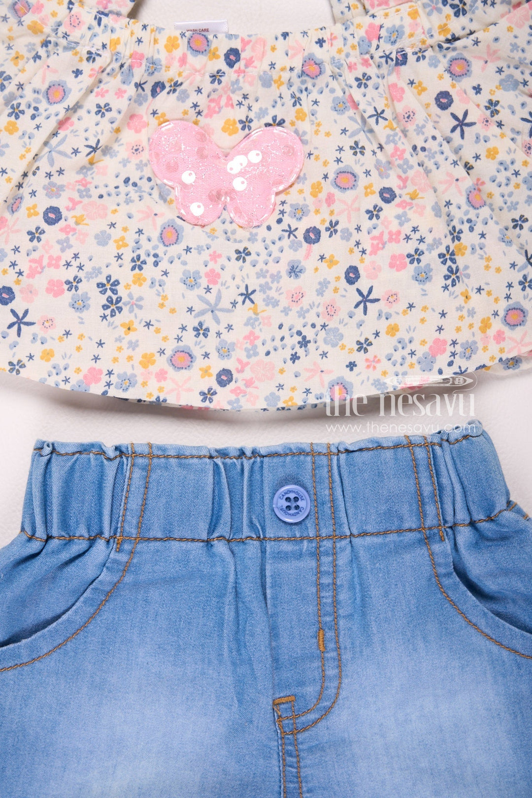 The Nesavu Baby Casual Sets Floral Top and Denim Shorts Baby Girl Set Nesavu Floral Top and Denim Shorts Baby Girl Set - Stylish & Comfortable