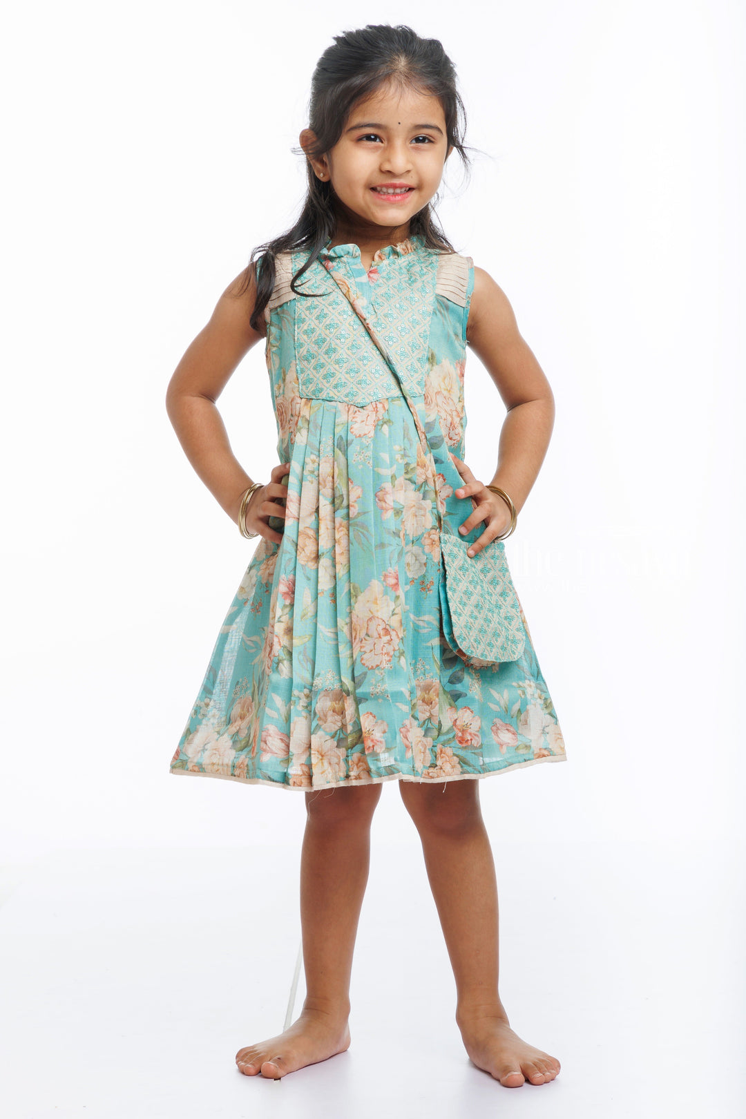 The Nesavu Girls Cotton Frock Floral Whimsy: Girls Designer Cotton Frock with Pastel Panache Nesavu 22 (4Y) / Green / Cotton GFC1299A-22 Shop the Latest Printed Cotton Frocks for Girls | Unique  Comfortable | The Nesavu