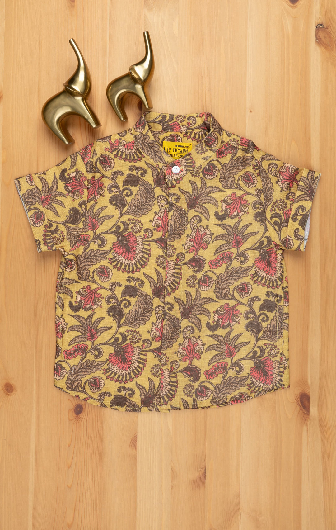 The Nesavu Boys Linen Shirt Floral Whimsy: Linen Boys' Shirt with Playful Floral Prints for a Joyful Look Nesavu 14 (6M) / Yellow / Linen BS059 Playful Floral Prints Linen Shirt | Baby Shirt Online | The Nesavu
