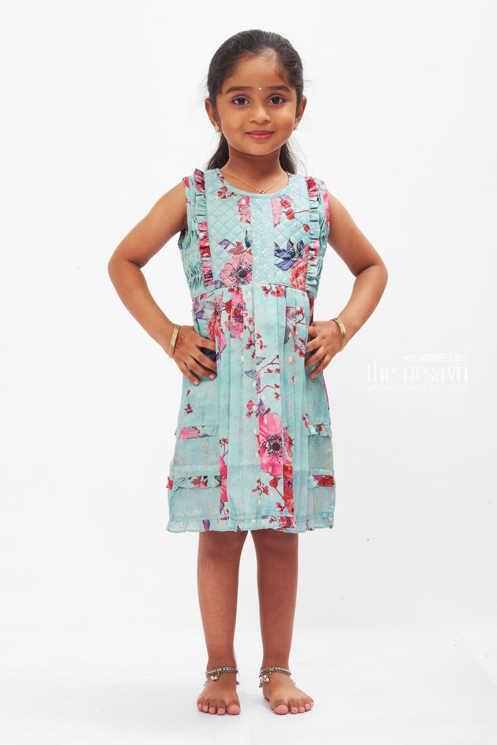 The Nesavu Girls Cotton Frock Floral Whisper Cotton Frock with Shimmer Accents for Girls Nesavu 14 (6M) / Blue / Cotton GFC1245A-14 Girls Chic Cotton Dress Designs | Blue Floral Frock with Shimmer | The Nesavu