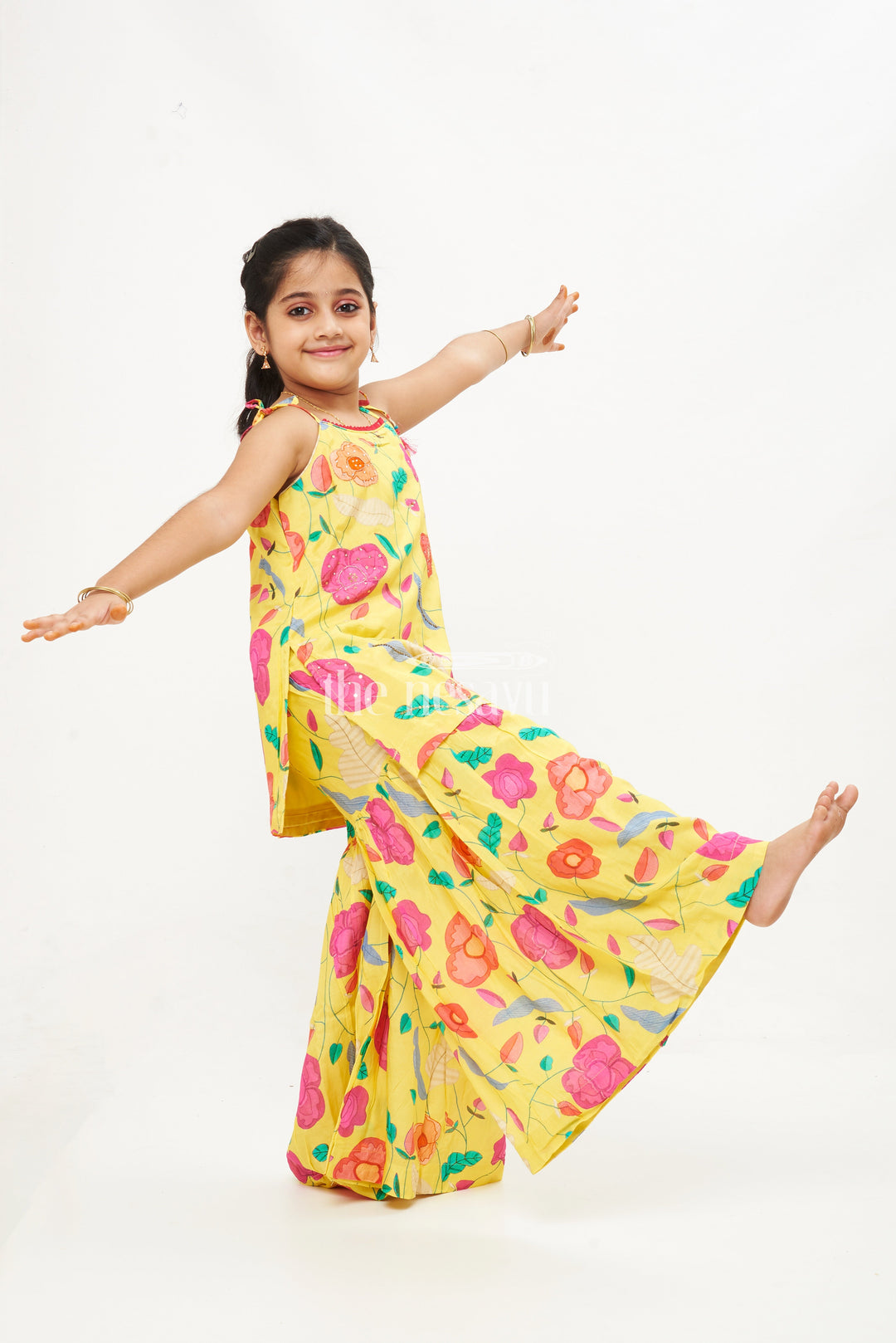 The Nesavu Girls Sharara / Plazo Set Floral Yellow Party Wear Ghagra Set for Kids Nesavu 16 (1Y) / Yellow GPS365A-16 Floral Yellow Party Wear Ghagra Set for Kids - Stylish & Comfortable