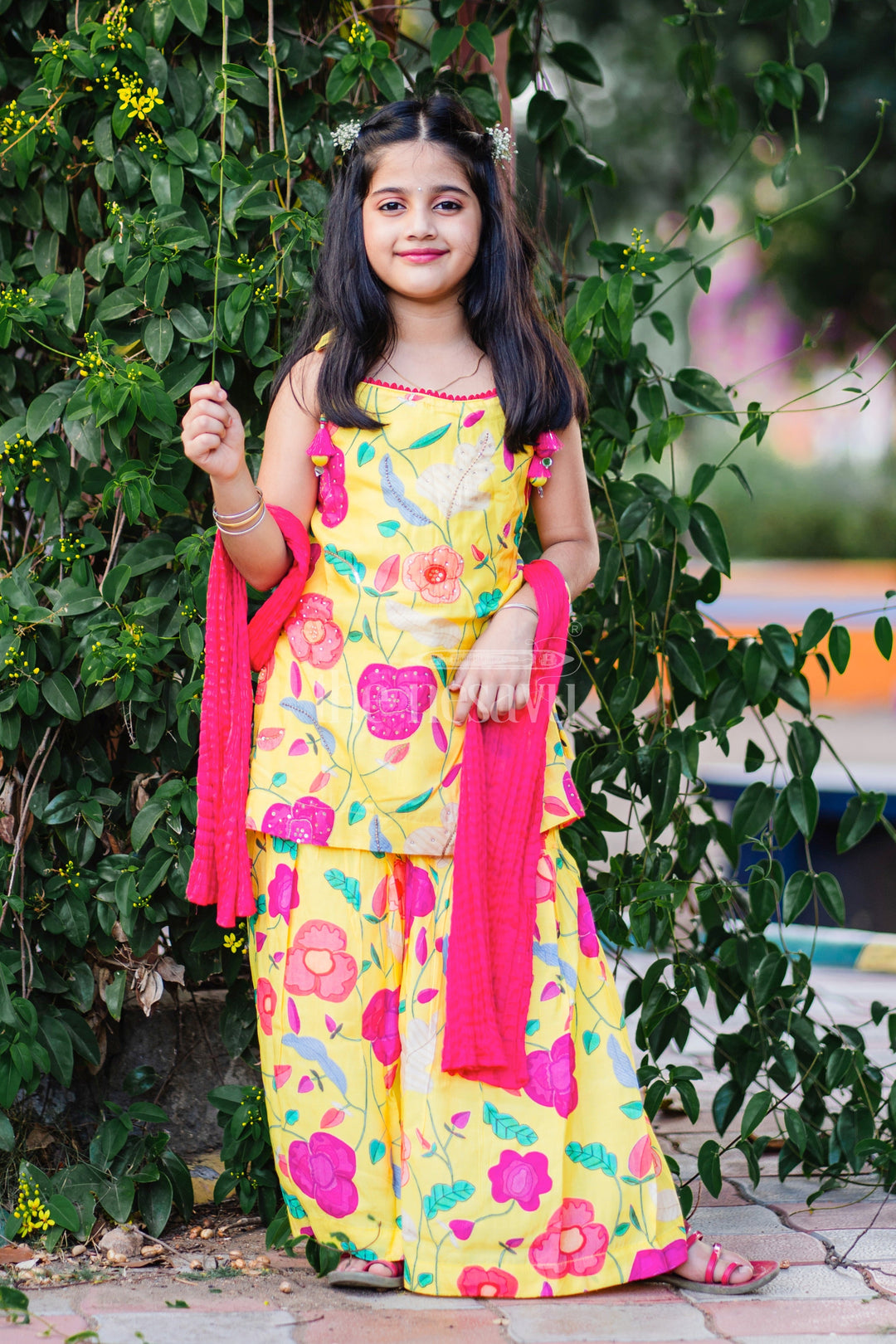 The Nesavu Girls Sharara / Plazo Set Floral Yellow Party Wear Ghagra Set for Kids Nesavu 16 (1Y) / Yellow GPS365A-16 Floral Yellow Party Wear Ghagra Set for Kids - Stylish & Comfortable