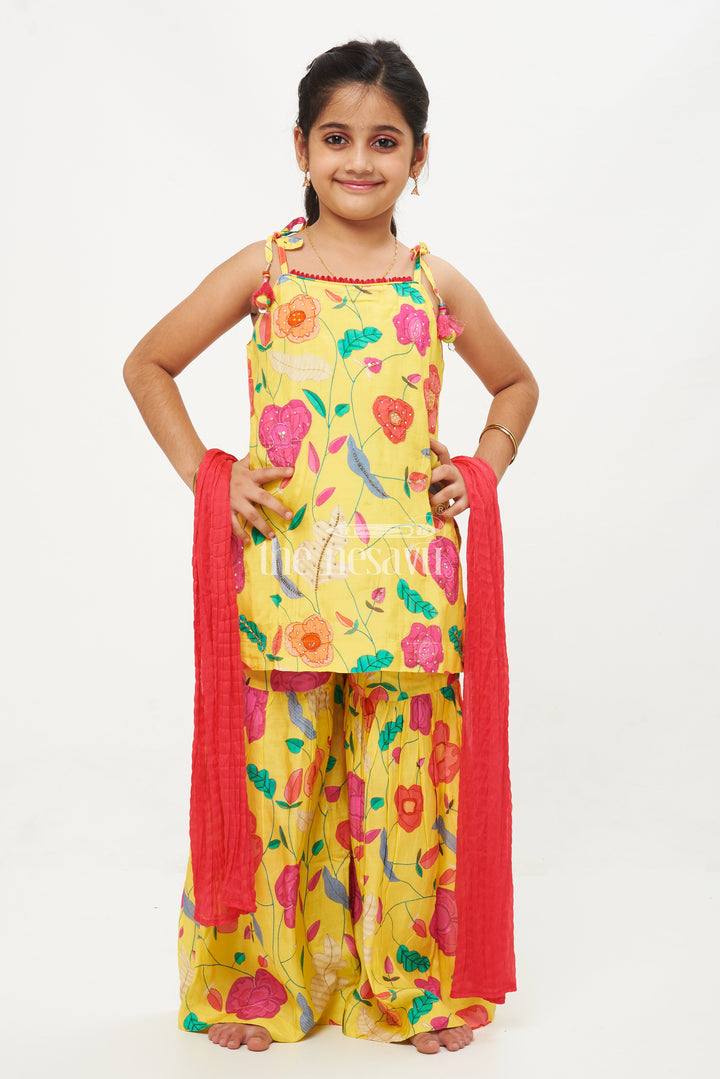 The Nesavu Girls Sharara / Plazo Set Floral Yellow Party Wear Ghagra Set for Kids Nesavu Floral Yellow Party Wear Ghagra Set for Kids - Stylish & Comfortable