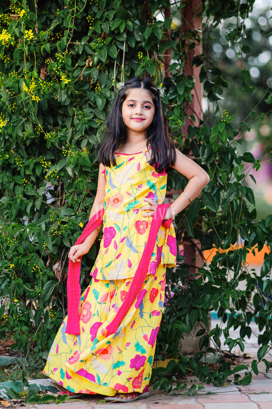 The Nesavu Girls Sharara / Plazo Set Floral Yellow Party Wear Ghagra Set for Kids Nesavu Floral Yellow Party Wear Ghagra Set for Kids - Stylish & Comfortable