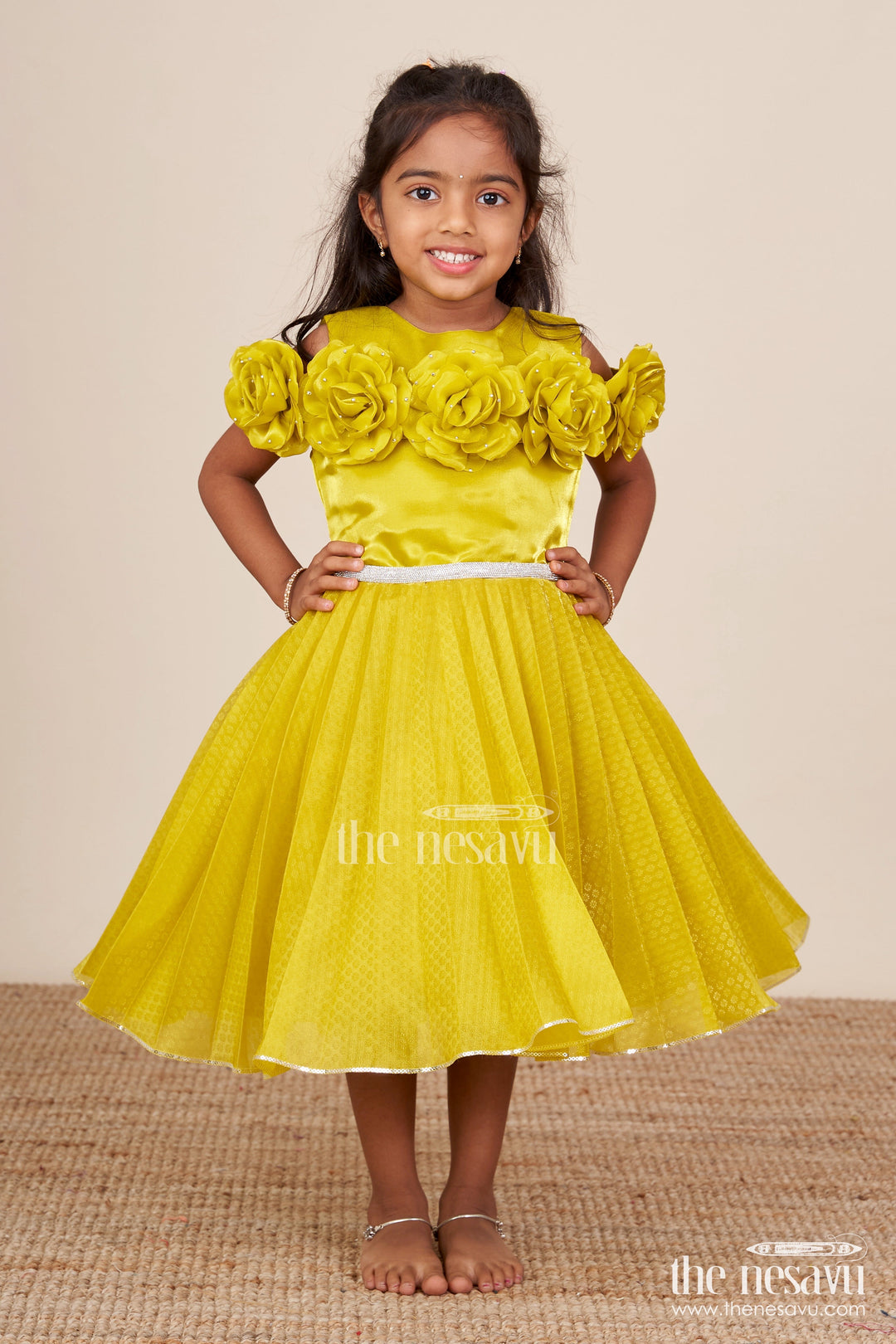 The Nesavu Girls Fancy Party Frock Flower-Embellished Satin Frock for Baby Girls Perfect for Parties and Receptions Nesavu 16 (1Y) / Yellow PF255A-16 Nesavu satin frock 3D flowers baby girls  ideal party wear receptions