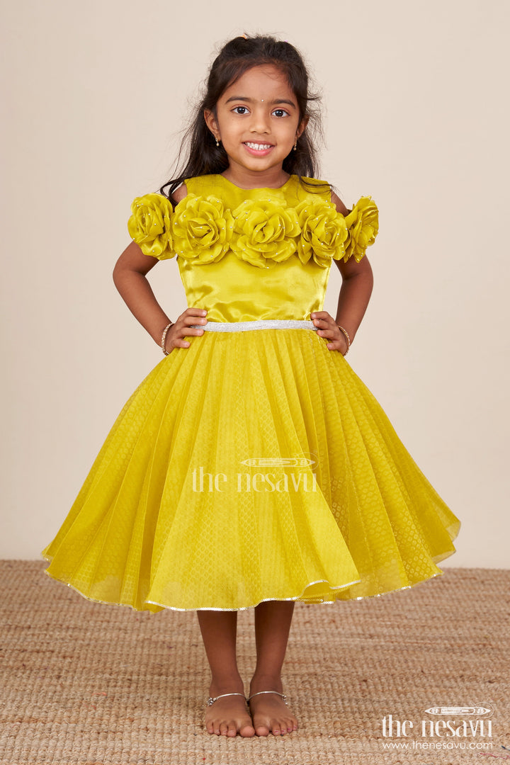 The Nesavu Girls Fancy Party Frock Flower-Embellished Satin Frock for Baby Girls Perfect for Parties and Receptions Nesavu 16 (1Y) / Yellow PF255A-16 Nesavu satin frock 3D flowers baby girls  ideal party wear receptions