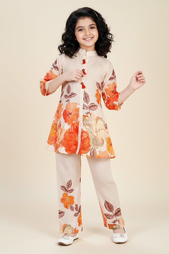 The Nesavu Girls Co-Ord Sets Foral Cotton Sharara Set for Girls for Ethnic School Events Nesavu 24 (5Y) / Cream GPS677A-24 Nesavu cream floral print cotton sharara set for girls with tassel details festive school ethnic wear